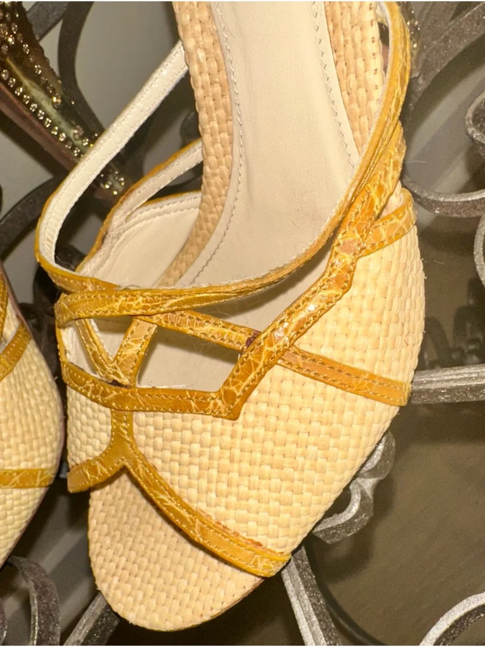 Prada genuine crocodile raffia Swarovski crystal 37.5 7 7.5 high Heel Sandals - Picture 4 of 8